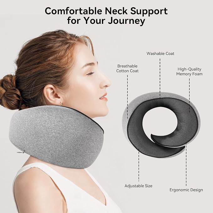 Travel Pillow, Memory Foam Neck Pillow with Ergonomic 360° Support, Travel Neck Pillow for Airplanes, Compact Design for Plane, Car & Office Travel Essentials, Grey