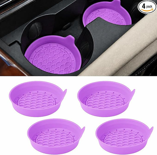 4 Pack Car Cup Holder Coaster, 3.15 Inch Non-Slip Silicone, Purple | Cup holder insert, spill proof ,raised lip, honeycomb base, rinse clean, fits most sedans suvs trucks, automotive accessories