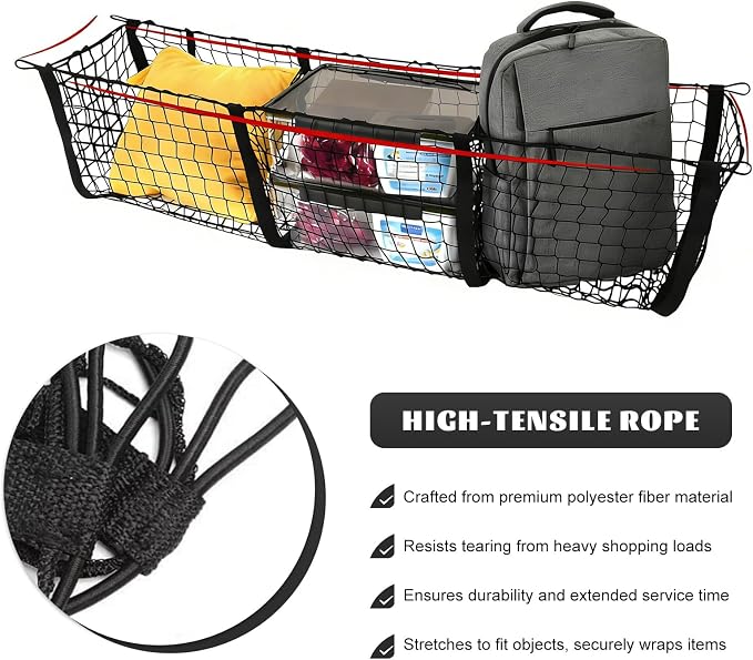 Trunk Cargo Net, Stretchable 3 Pockets Mesh Storage Organizer with Metal Hooks, Heavy Duty Netting Cargo Organizer Holder for Sedan SUV Pickup Truck, Car Accessories (11.8×35.4 inches)