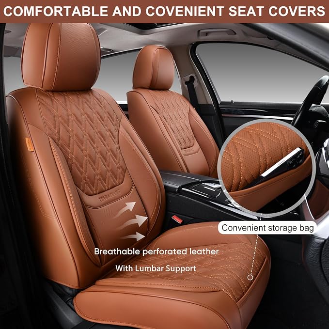 Car Seat Covers Full Set, Breathable Leather Automotive Front and Rear Seat Covers, Car Seat Protectors Full Set,Universal Automotive Vehicle Seat Cover for Most Sedan SUV Pick-up Trucks, Brown