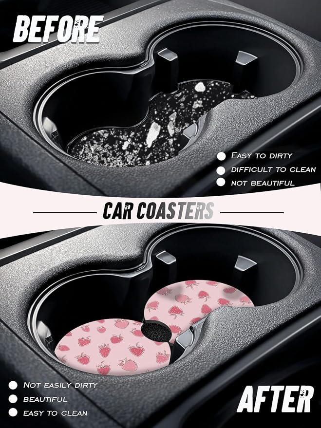 Car Cup Coasters,2 Pack Car Coaster,2.75inch Anti Slip and Absorbent Cars Coasters for Cup Holders,Car Accessories for Women,Cute Decor for Women (Sweet Strawberry)
