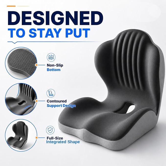 Ergonomic Memory Foam Seat Cushion with Back Support, Office Chair Cushion | L-Shaped Integrated Design with Lumbar Support and Tailbone Cutout for Office, Car, Home Chairs (Large Comfort - Black)