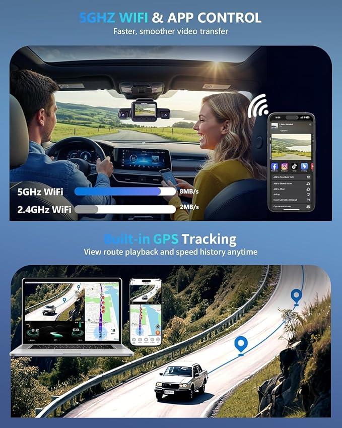 HUPEJOS 4K 360° Dash Cam Front and Rear, 4 Channel Camera for Cars | Upgrade AI Driver Monitor System DMS, 5GHz WiFi GPS, Night Vision, Voice Control, Free 64GB SD Card, 24H Parking Mode, V8Plus