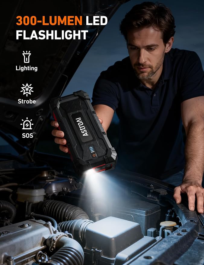 AstroAI S8 Ultra Car Jump Starter, 4000A Safe 12V Battery Booster Pack (All Gas/12L Diesel), Portable Jump Box with Smart Jumper Cables, Type-C/USB, Flashlight, Rugged Protection & Storage Bag, Red