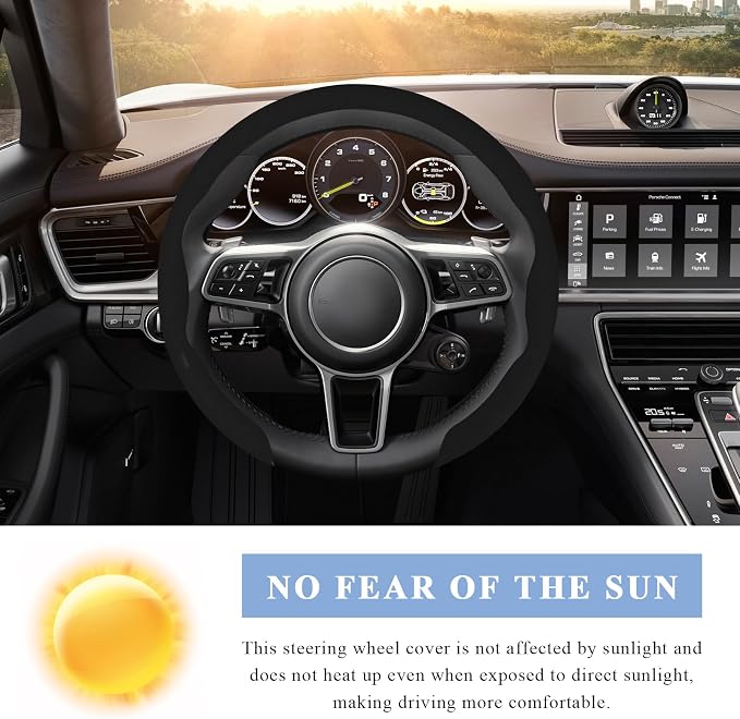 Steering Wheel Cover, 15 Inch Anti-Slip Breathable Steering Wheel Protector Auto Interior Decor, Heat-Resistant Comfort Grip Wheel Cover Universal for Most Cars Trucks SUVs (Black)