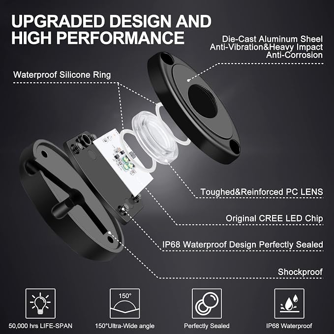 YONEDA 8 Pods White Rock Lights 6000K 3LED Bright LED Underglow Lights IP68 Waterproof for Trucks SUV UTV ATV RZR Car Boats Pickup Motorcycle with 32.8ft Extension Wire