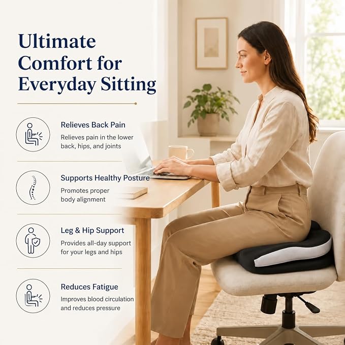 Memory Foam Ergonomic Seat Cushion for Office Chairs Pain Relief | Suitable for prolonged sitting, relieves tailbone pain, fits office chairs, wheelchairs, car seats and computer desk chairs