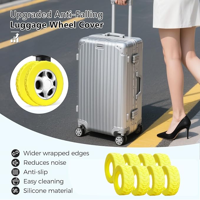 8 Pcs Luggage Wheel Covers, Anti-Noise, Fits 2-2.4" suitcase wheel, Yellow | suitcase wheel covers, Widened & Thickened Silicone, Anti-Noise & Scratch-Proof, Fits 2-2.4" Carry-On Luggage Wheels
