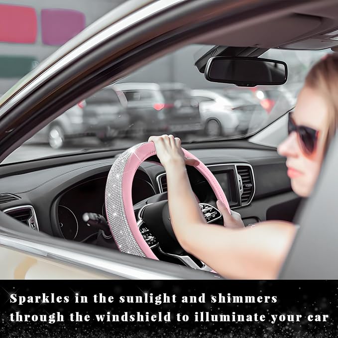 Diamond Leather Steering Wheel Cover, 15 Inch Bling Crystal Rhinestone Anti-Slip Wheel Protector, Universal Sparkling Elegant Diamond Steering Wheels Cover for Women Girl (White&Pink)