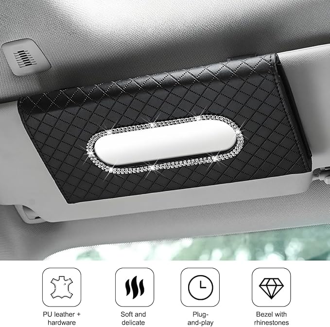 Bling Car Visor Tissue Holder, Crystal Rhinestones Vehicle Sun Visor Hanging Napkin Organizer Case with Ergonomic Take Out Port, Automotive Interior Tissue Dispenser, Universal Fit (Black)