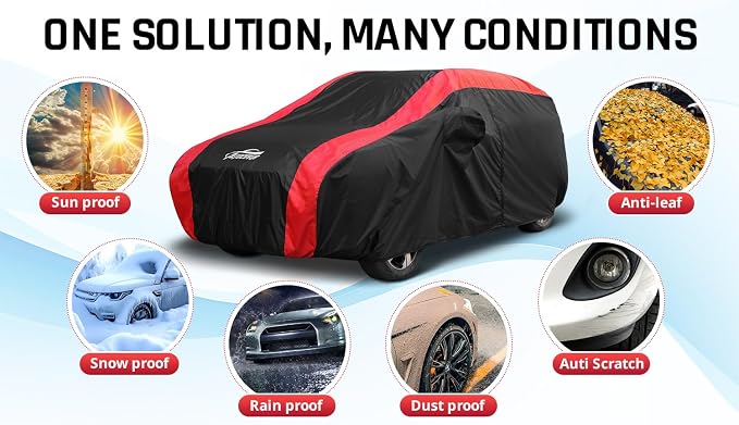 Full Exterior Covers for Waterproof Protection with Red Stripe Design,SUV Car Covers for Automobiles Universal Fit Nissan Kicks, Benz GLA, BMW X1 X2, Cadillac XT4, Ford Escape, Juguar E-PACE
