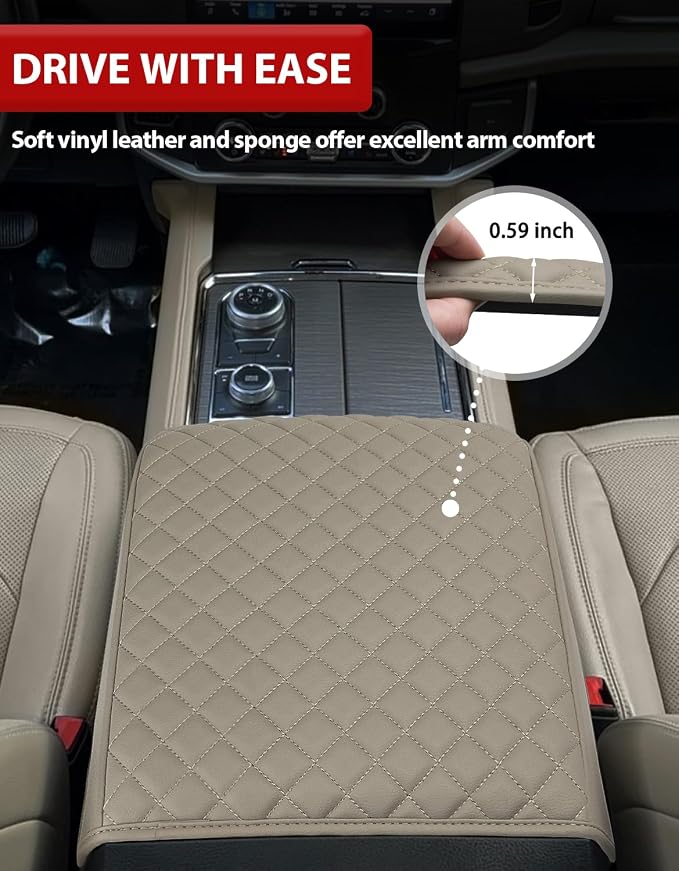 KBH Center Console Armrest Cover for 2015-2020 Ford F150, 2017-2022 F250-F550, 2018-2024 Expedition, Bucket Seat, PU Leather Cushion Pad, Anti-Scratch, Stone Gray (Not for Other Years)