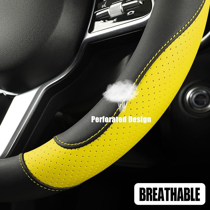 Black Yellow Microfiber Leather Steering Wheel Cover 14 inch | Breathable Anti Slip Grip Cool Sporty Look Glow for Women Men