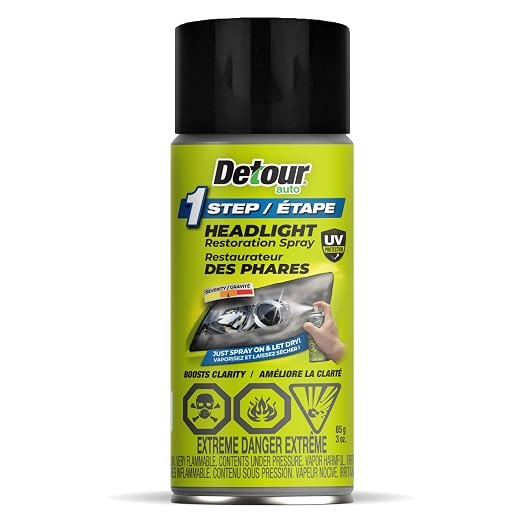 Detour 1-Step Headlight Restoration Spray - 2-in-1 Headlight Coating and Quick Restorer for Plastic Car Headlights, Long-Lasting UV Protection, Easy to Apply, 3 oz