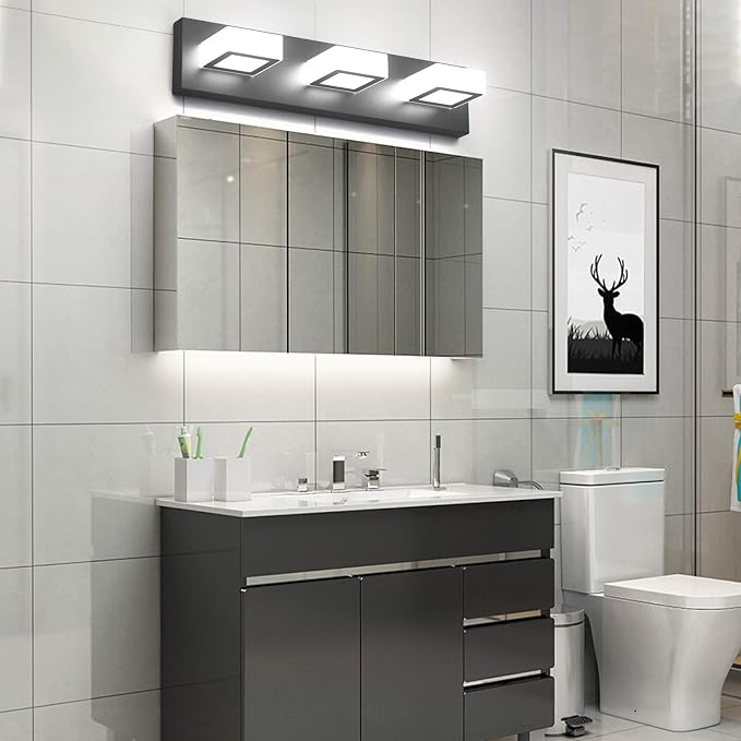 Ralbay 3 Light Dimmable Bathroom Vanity Light LED Modern Matte Black Vanity Wall Light Acrylic Stainless Steel Bathroom Vanity Lighting Fixtures
