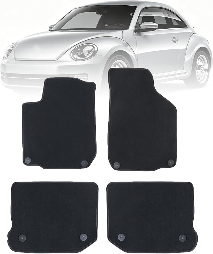 GXARTS Custom Fit Velour Carpet Floor Mats for Volkswagen New Beetle 1998-2010 | Full Set Front & Rear | All-Weather with Anti-Skid Retaining Buckle| Black VW Bug Car Floor Mat Accessories