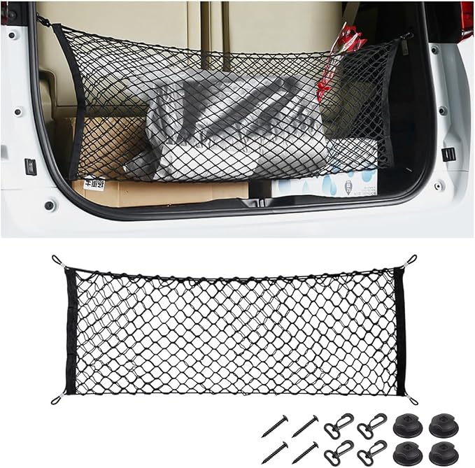 Car Rear Cargo Net, Adjustable Elastic Vehicle Double-Layer Mesh Storage Bag with Hooks, Stretchable Automotive Trunk Organizer Net, Universal for Sedan, RV, Truck (35.43" x 11.81")