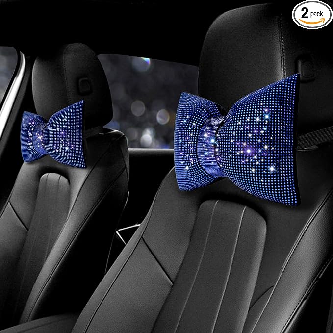 surpassme 2PCS Rhinestone Car Headrest Neck Pillow for Driving with Bling Bling Crystal Bow Pillow Car Accessories for Women (Blue)
