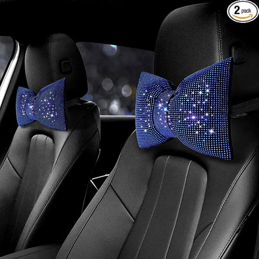 surpassme 2PCS Rhinestone Car Headrest Neck Pillow for Driving with Bling Bling Crystal Bow Pillow Car Accessories for Women (Blue)