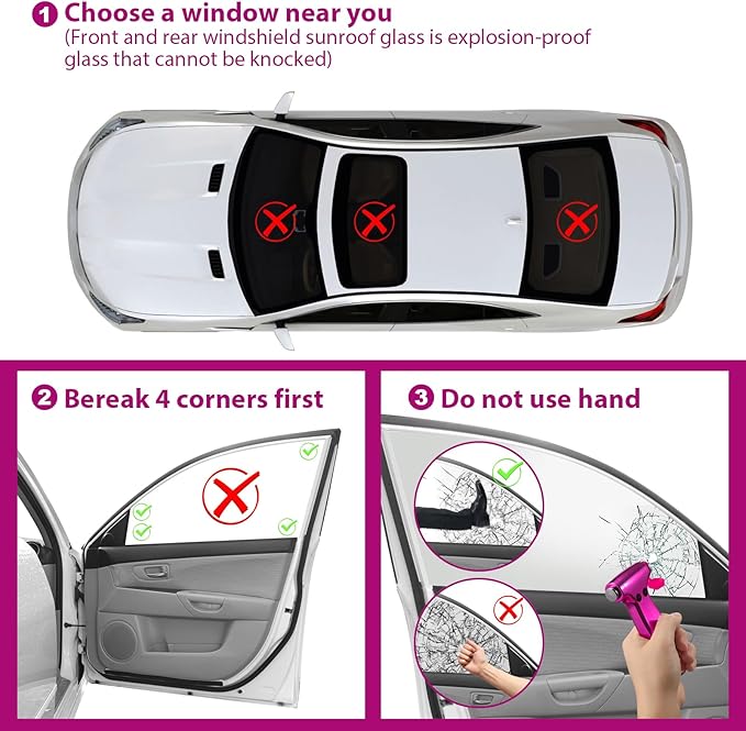 Car Window Breaker Tool, 3-in-1 Emergency Escape Tool | with Window Breaker and Seat Belt Cutter, Safety Emergency Car Escape Tool for Car, Matte Black and Electroplating Pink