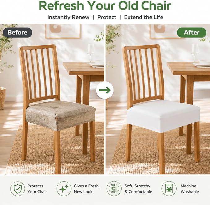 NILUOH Waterproof Seat Covers for Dining Room Chairs Set of 4, Pu Leather Chair Seat Slipcovers Dining Chair Cover Removable Washable Chair Protctor Cover, Rear Covers (PU-White)