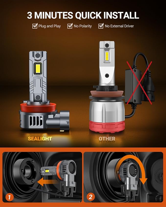SEALIGHT 9005/HB3 H11/H8/H9 Bulb 10x Brightness 140,000LM Wireless, HB3 H9 Lights With Cooling Fan, 1:1 Subsize Quick Installation 70000Hrs Lifespan, Headlight Eyebrows, Pack of 4
