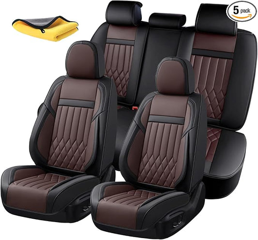 Universal 5-Seater Waterproof Breathable Nappa Leather Car Seat Covers Full Set, Compatible with Hyundai Tucson Sonata, Jeep Renegade, Honda HR-V, Fit Front Rear Seats Most Sedans SUV Black Brown