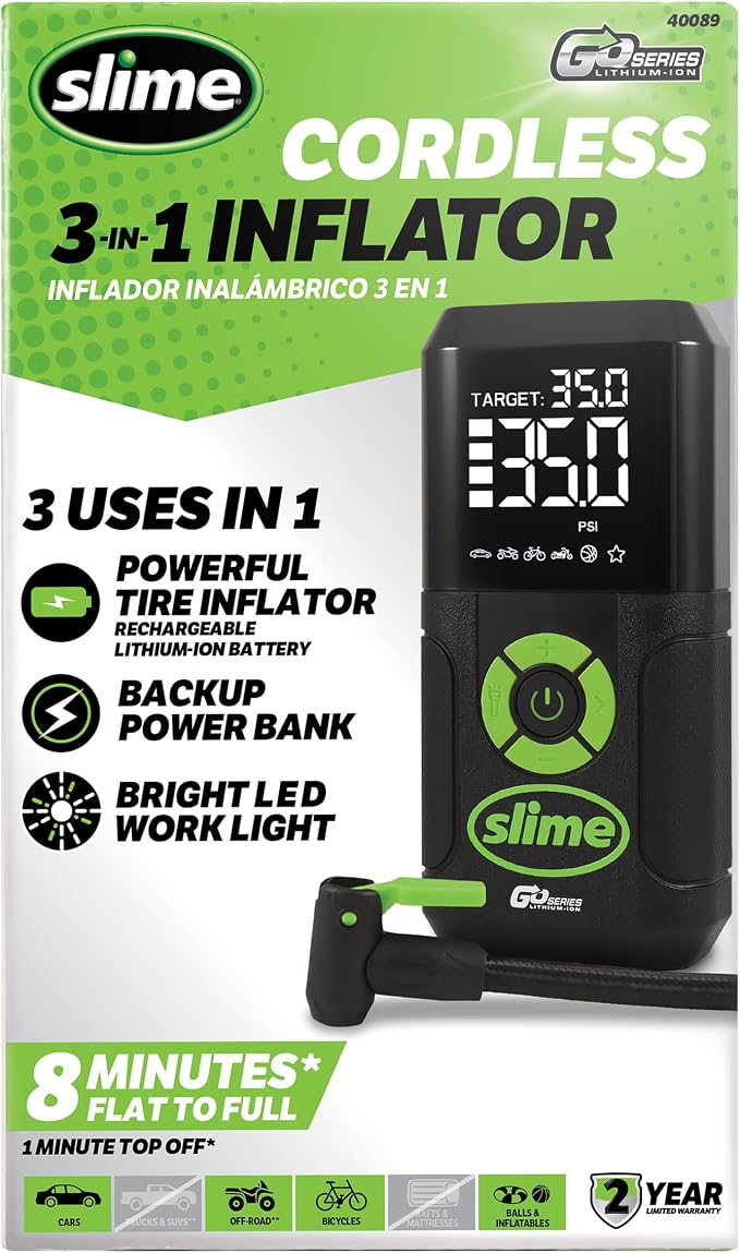 Slime 40089 Cordless 3-in-1 Tire Inflator w/Power Bank & LED Light, Auto Shut-Off, Digital Display & 6 Presets, Flat to Full in 8 Mins, Car, Bike, Motorcycle & More