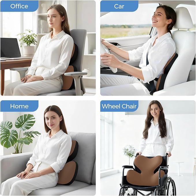 BEBAS Ergonomic Memory Foam Lumbar Support Pillow for Car, Coffee | Zoned Pressure Relief for Back Support, Lumbar Cushion with Fixed Ring, Breathable Washable Cover, Fits for Driving & Office