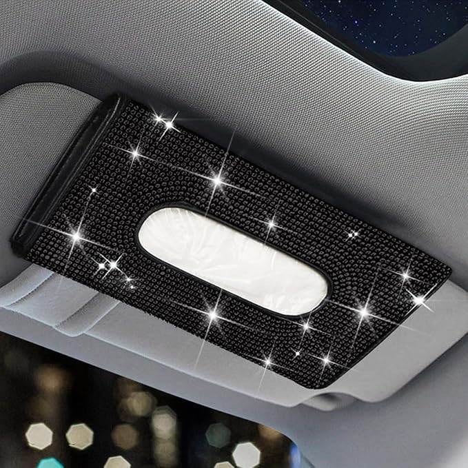 Bling Car Sun Visor Tissue Box Holder, Leather Automotive Napkin Box Holder Organizer with Crystal Rhinestone, Sparkling Vehicles Sun Visor Paper Towel Cover Case, Universal Fit (Black)