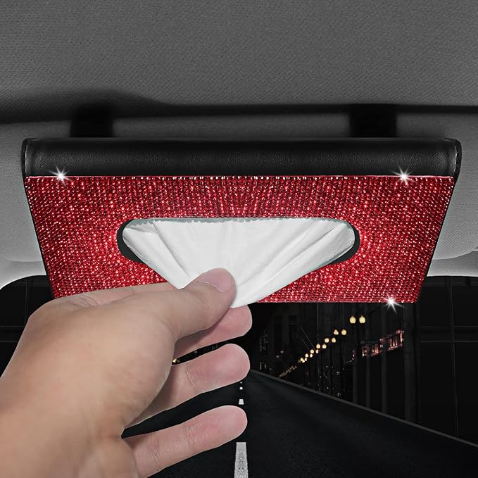 【2026 Upgraded】 Bling Car Sun Visor Tissue Box with Refills Paper Towels, PU Leather Backseat Mask Case,Crystal Sparkling Napkin Holder, Handmade Decoration Accessories for Women,Girls,Ladies as Gift