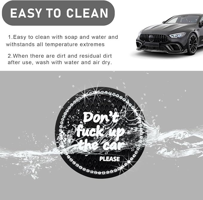 Ohleats Bling Car Cup Coaster, 2.75 Inch Non-Slip Don't Fuck Up My Car Please Cup Holder Insert Coaster, Crystal Rhinestone Auto Drink Cup Mat, Universal Car Accessories (Black-4PCS)