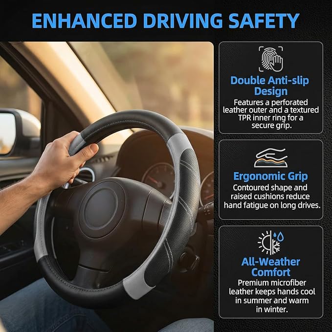 Osilly Car Steering Wheel Cover, 14.5-15" Leather Breathable Anti-Slip Stylish Steering Wheel Protector, Comfortable Auto Interior Decoration Accessories, Universal for SUV Van Truck (Black Gray)
