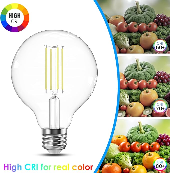 TJOY G25 Globe Light Bulbs, LED Edison Vanity Light Bulbs, Dimmable, 5000K Daylight White, 500 Lumens, 5.5W=60W, CRI80, Clear Vintage Filament Globe, E26 Base, 4 Pack