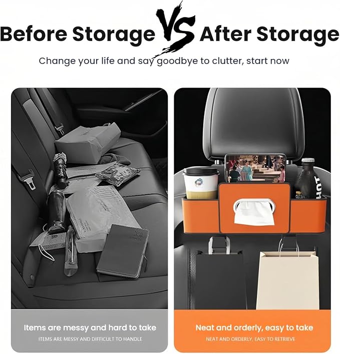 3-in-1 Car Backseat Organizer, 3-in-1 Car Headrest Backseat Organizer, Multifunctional Car Back Seat Storage with 2 Cup Holders & Hooks, Universal Cars Seat Organizer Tissue Box and Storage (Brown)