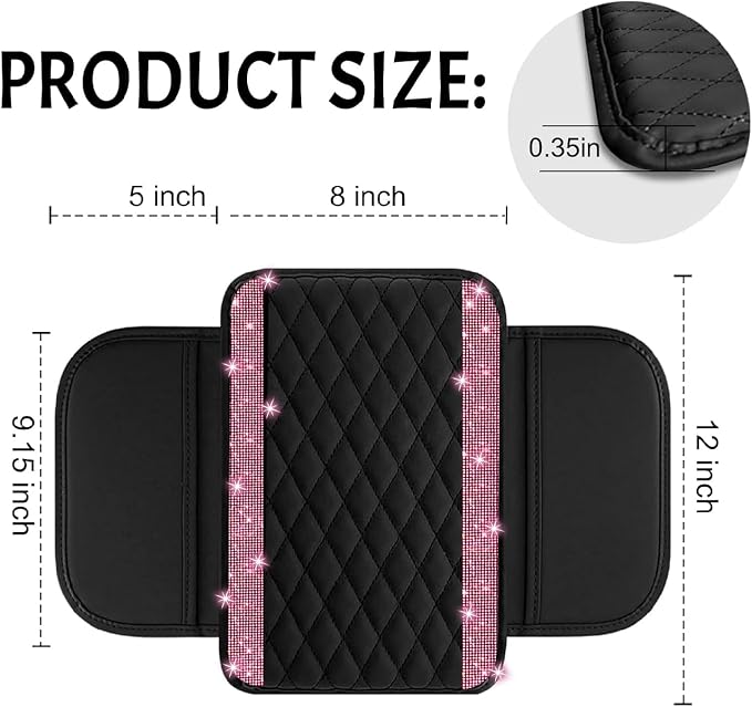 NBTEPEM Bling Car Center Console Cover, Leather Car Arm Rest Cover Cushion with 2 Storage Bags, Universal Automotive Armrest Protector Storage Box, Bling Accessories Interior for Most Vehicles (Pink)