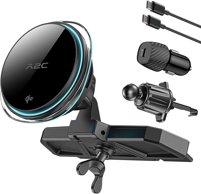 A2C Qi2 15W Wireless Car Charger CD Mount for MagSafe CD Slot | Air Vent | Magnetic Wireless Charger Phone Holder with TEC Thermoelectric Cooler, Fast Charging for iPhone 17 16 15 14 13 12 Series