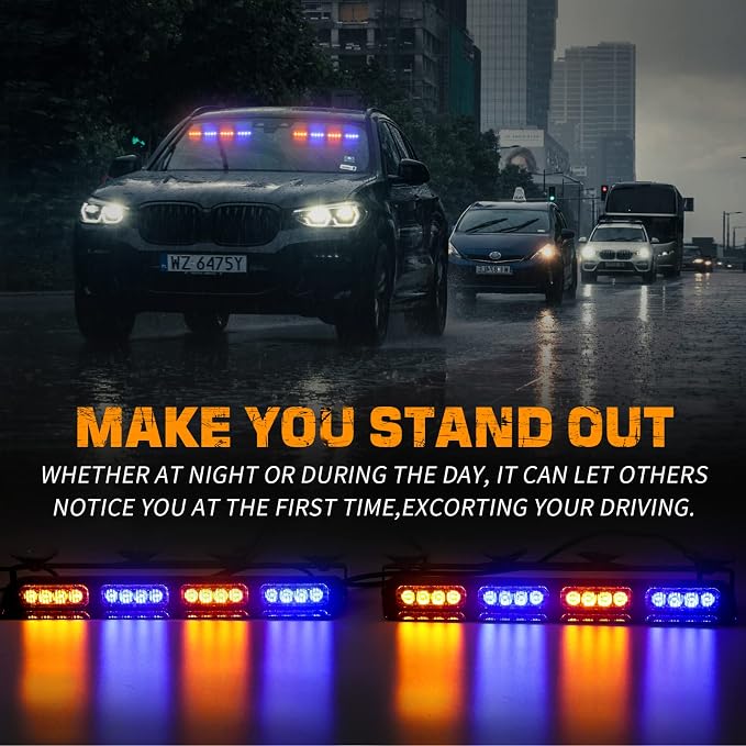 XRIDONSEN 2x 14 inch Amber Blue Emergency Dash Lights 32 LED Strobe Lights | Interior Safety Warning Hazard Caution Front/Rear Windshield Light Bar w/ Controller for Construction Vehicles Trucks Car