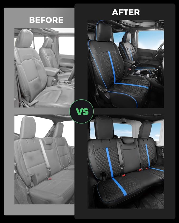 for Jeep Wrangler Seat Covers 4Door JL 2018 2019 2020 2021 2022 2023 2024 2025 2026, Custom Car Seat Cover Full Set, Luxury Waterproof Leather Protectors, Black Blue Trim, W/O Rear Cup Holder