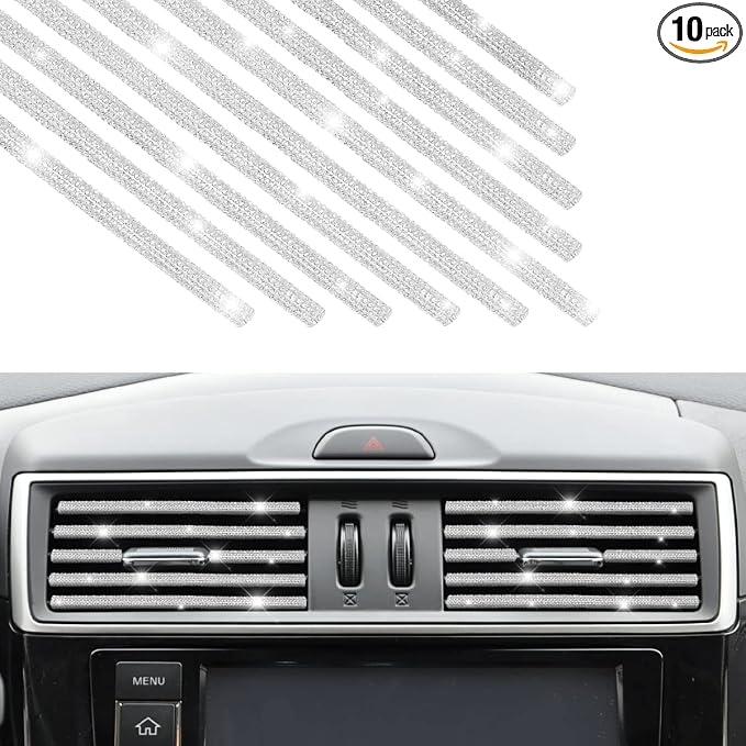 10 PCS Bling Car Air Vent Outlet Trim, Rhinestone Air Conditioner Decoration Strip for Vent Outlet, Universal Bendable Trim Interior Accessories for Most Air Vent Outlet (White)