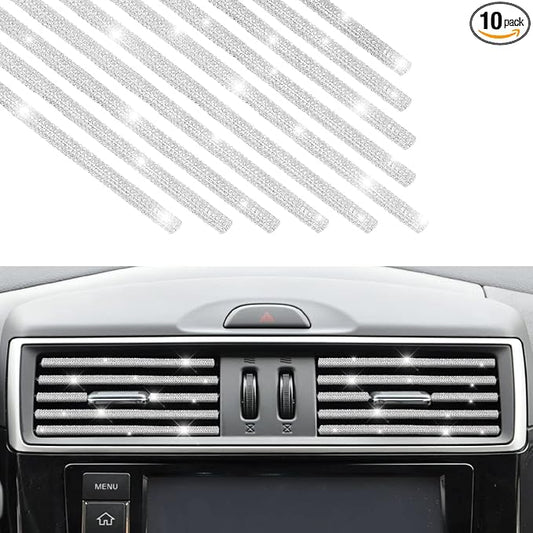 10 PCS Bling Car Air Vent Outlet Trim, Rhinestone Air Conditioner Decoration Strip for Vent Outlet, Universal Bendable Trim Interior Accessories for Most Air Vent Outlet (White)