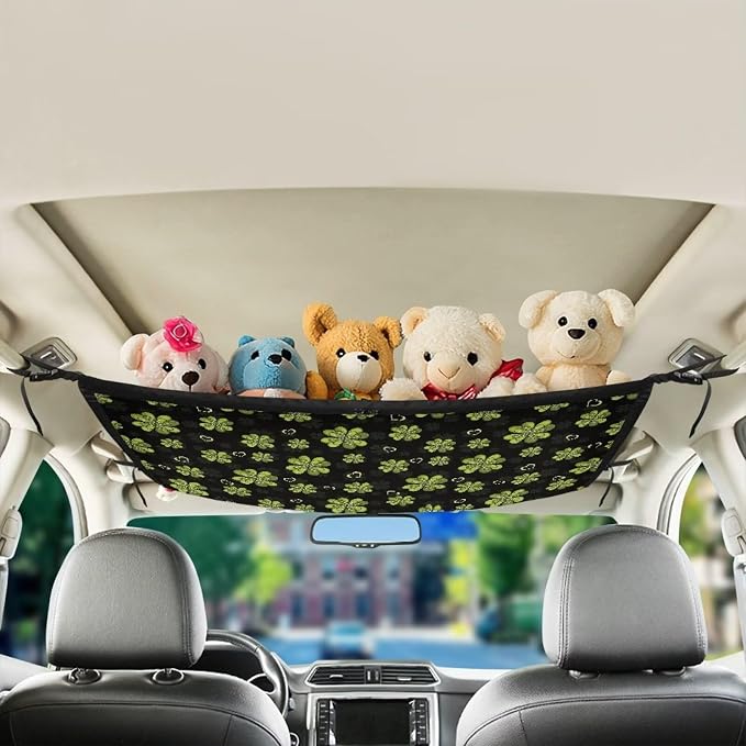 Dreaweet Clover Print Car Ceiling Cargo Net Organizer,Universal Car Pouch Mesh Ceiling Netting Storage Pocket,Car Interior Roof Cargo Net for SUV Truck Mini Van Camping Accessories