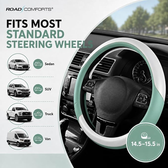Road Comforts Steering Wheel Cover – Breathable Leather Steering Wheel Cover, Anti-Slip Grip, Universal Fit 14.5” to 15”, Heat & Cold Resistant for Cars, SUVs, and Trucks –Shining White & Mint