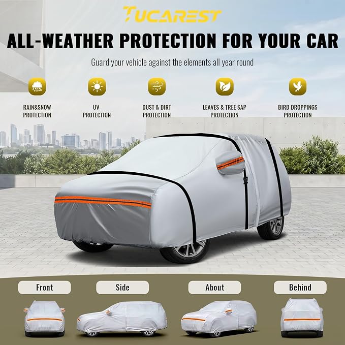 TUCAREST 6 Layers Full Car Cover for SUV- Waterproof, Insulated, Anti-UV, Snow-Proof, Anti-Wind, All-Weather, Thickened Protection, up to 190 in