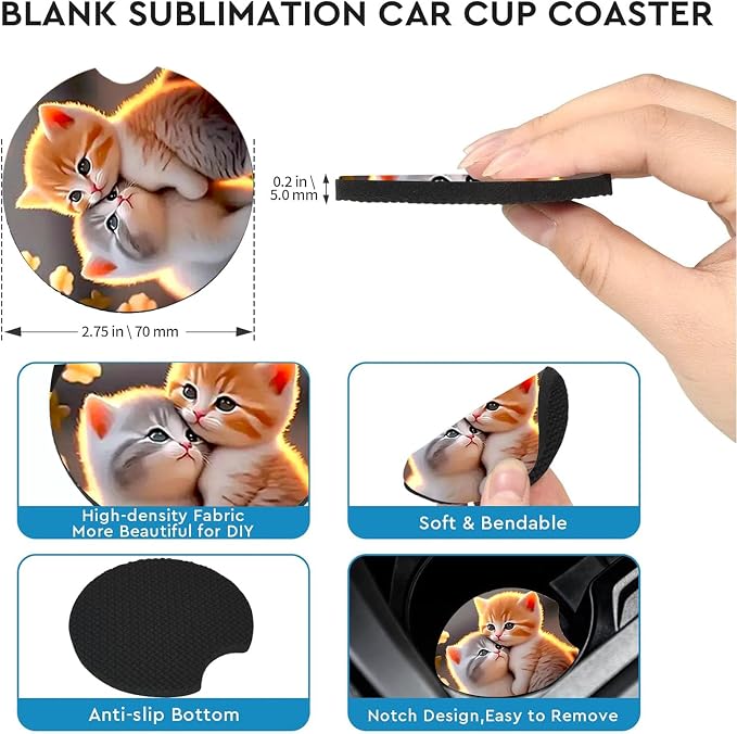 2 PCS Two Cat Car Cup Holder Coasters Universal Neoprene Coasters | 2.75" Universal Size Anti Slip Rubber Mat, Auto Cup Holder Accessories for SUV Truck, Gifts for Cat Lovers Women Men Mom