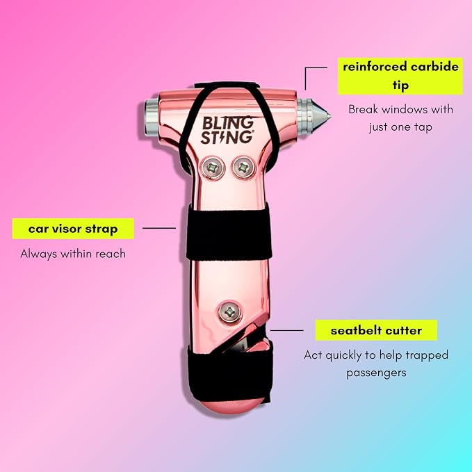 BLINGSTING Car Emergency Escape Hammer, Seatbelt Cutter, Window Breaker Tool, Interior Visor Strap, New Driver Vehicle Safety Essentials, Cute Car Accessories for Women - Black & Pink, 2 Count