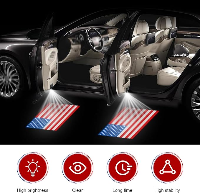 4 PCS Car Door Welcome Lights, Automotive Sill Decorative Ambient Lights, LED Projector Door Step Light with American Flag Pattern, Universal for Most Cars (Multicolored)
