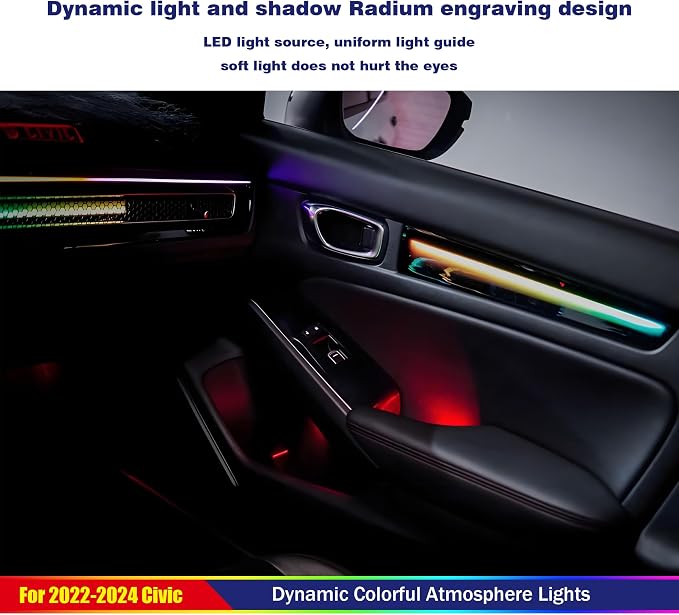 LED Ambient Lighting Kit for 11th Gen Honda Civic - Co-Pilot Glowing Trim, Footwell Light, 4 Luminous Trim Plates, Center Console Light bar