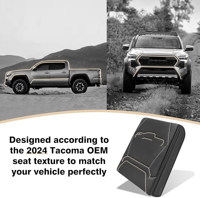 Muslogy Center Console Armrest Cover Fit for Toyota Tacoma 2024 2025 2026 Accessories, Comfort Armrest Pad Console Lid Cushion Vegan Leather 1-Inch Extra Thick(Black/Gray Stitching)