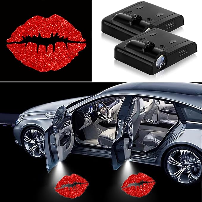 2PCS Car Door Lights,Red Lips Door Lights Logo Projector LED Shadow Welcome Lamp,Red Lips Car Accessories Gifts for Women Men,Suitable for All Vehicles Motorcycle Bike